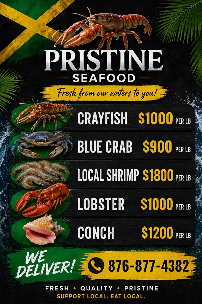 Pristine Seafood menu with crayfish, blue crab, shrimp, lobster, and conch with island-wide delivery in Jamaica